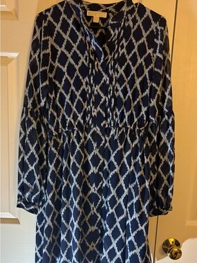 MICHAEL Michael Kors Navy and White Ikat-Print Long Sleeve Dress